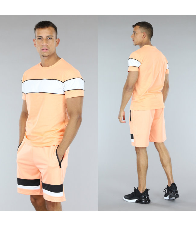 !SALE50 Oranje met Wit Heren Short Set met Streepdetails