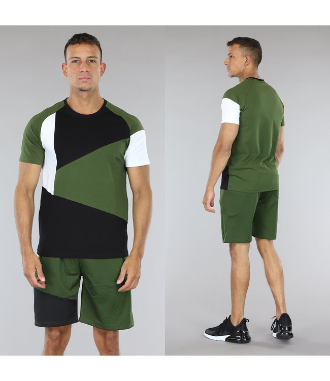 !SALE50 Groen Mannen Short Setje met Zwart/Witte Details