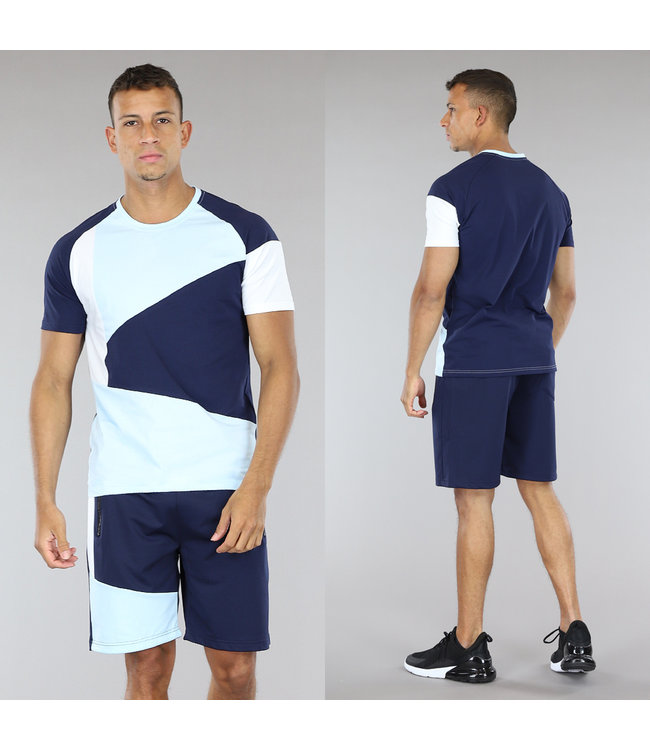 !SALE50 Donkerblauw Mannen Short Setje met Blauw/Witte Details