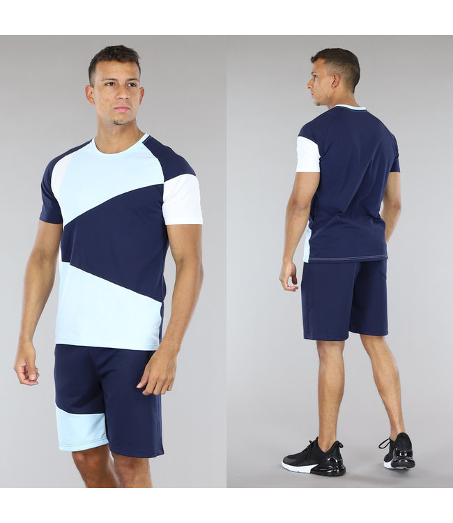 !SALE50 Donkerblauw Mannen Short Setje met Blauw/Witte Details