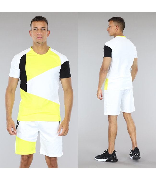 Geel Mannen Short Setje met Zwart/Witte Details
