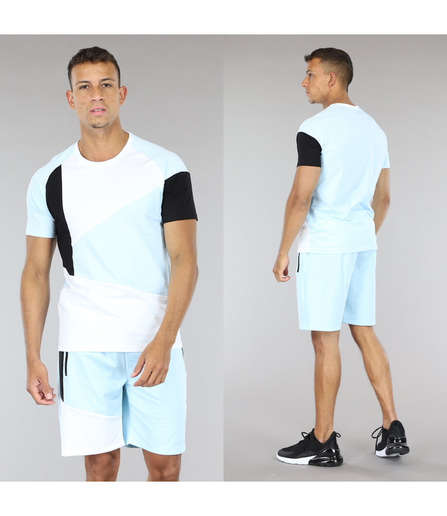 !SALE50 Blauw Mannen Short Setje met Zwart/Witte Details