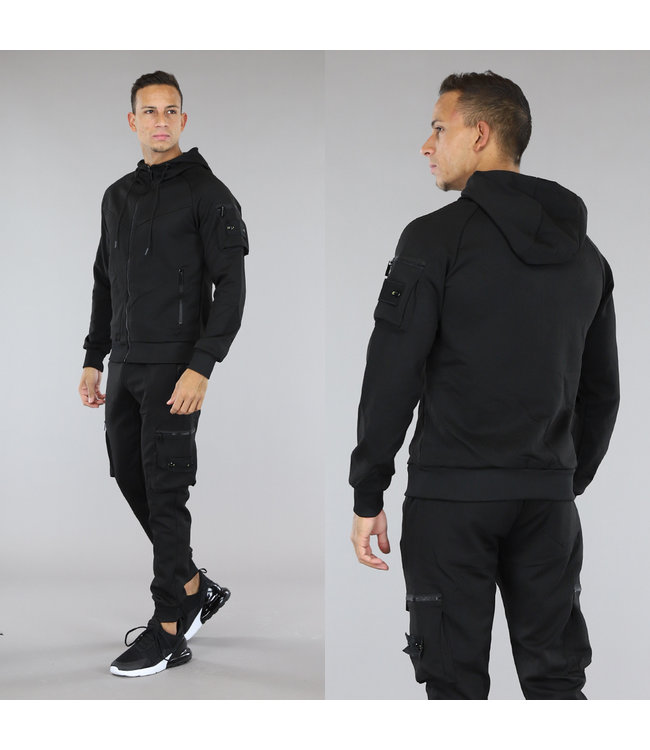 Zwarte Grove Rib Heren Trainingspak met Cargo Zakken BlackLeo.nl