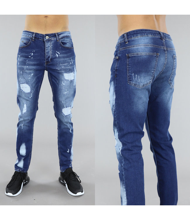 Donkerblauwe Heren Ripped Jeans met Stretch - Black-Leo.nl