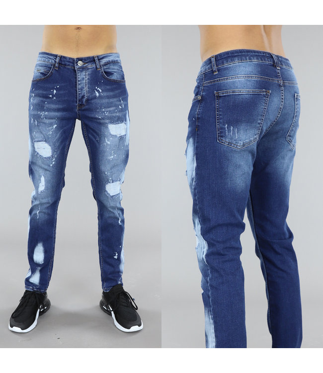 !SALE50 Donkerblauwe Heren Ripped Jeans met Stretch