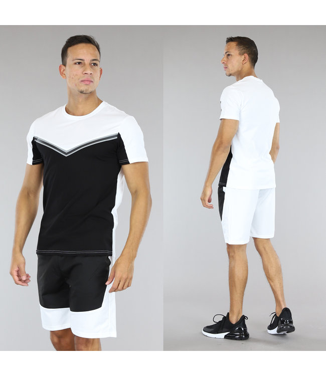 Wit/Zwart Heren Short Set met Zilveren Details