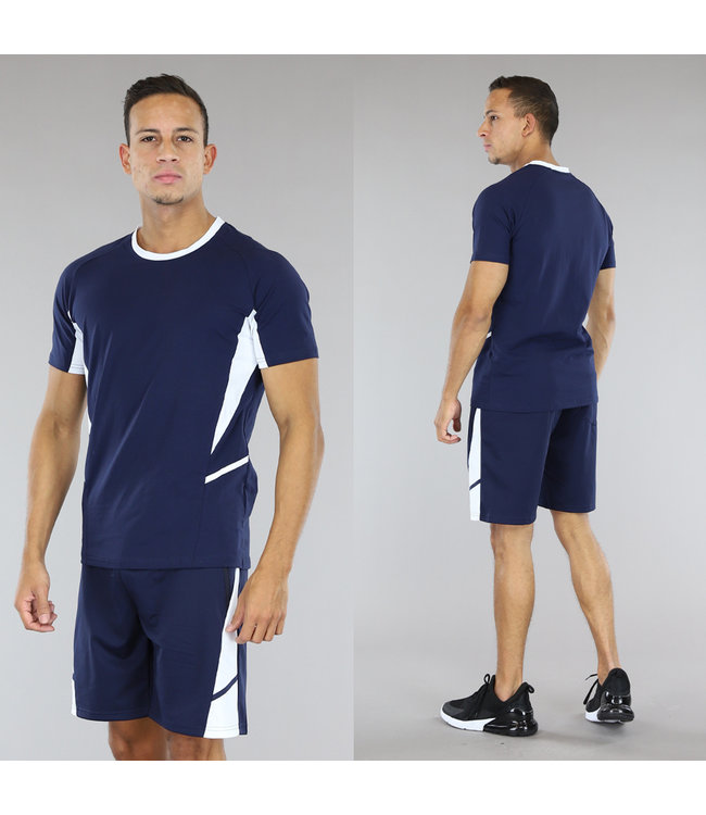 !SALE50 Navy Basic Mannen Short Set met Witte Details