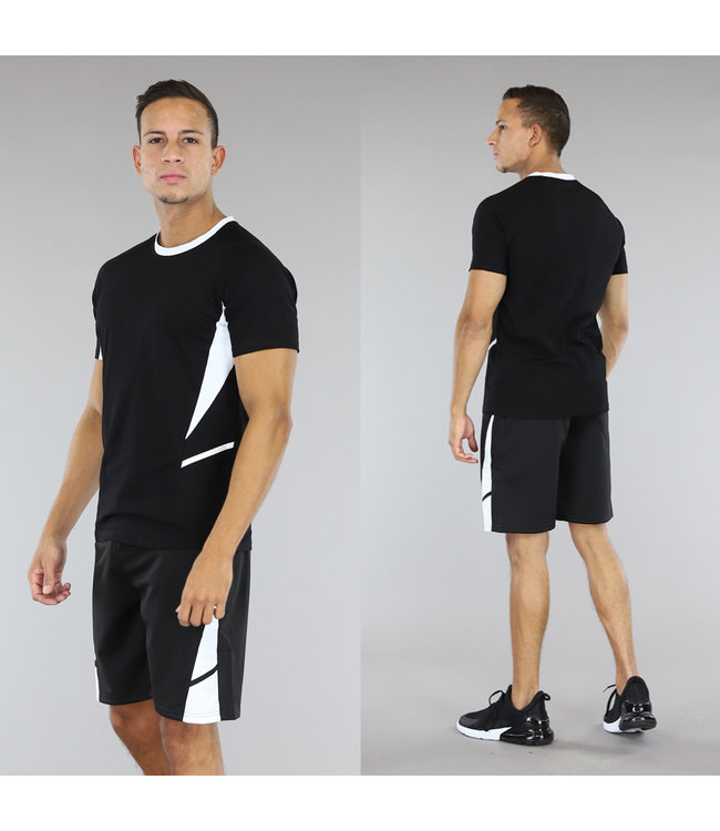 !SALE50 Zwarte Basic Mannen Short Set met Witte Details