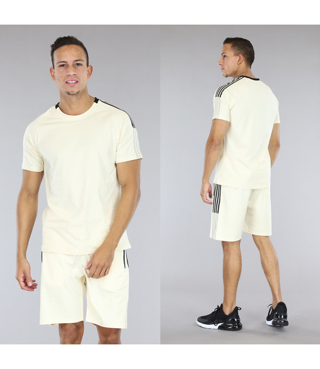 !SALE50 Beige Mannen Gestreepte Set met Short