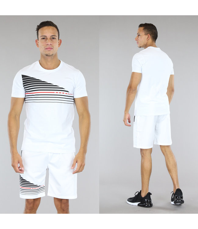 Witte Striped Heren Short Set met Zwarte Details