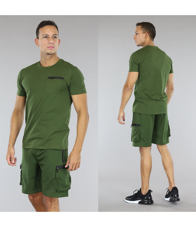 !SALE50 Khaki Basic Heren Short Set met Cargo Zakken