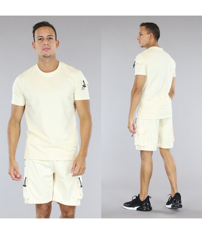 !SALE50 Beige Heren Short Setje met Trekkoord Details