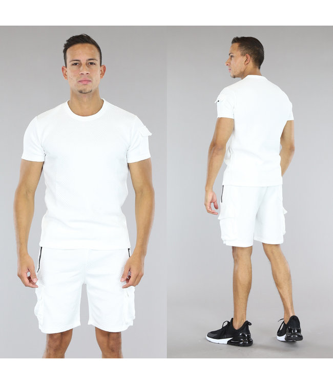 Heren Short Set Wit met Visgraat Motief