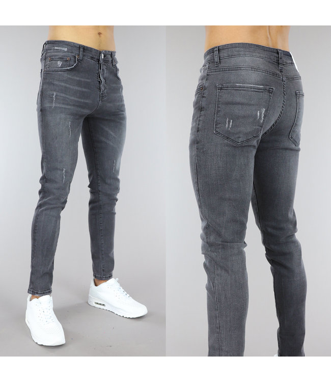 Donkergrijze Heren Regular Fit Jeans met Ripped Details