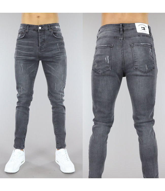 Donkergrijze Heren Regular Fit Jeans met Ripped Details