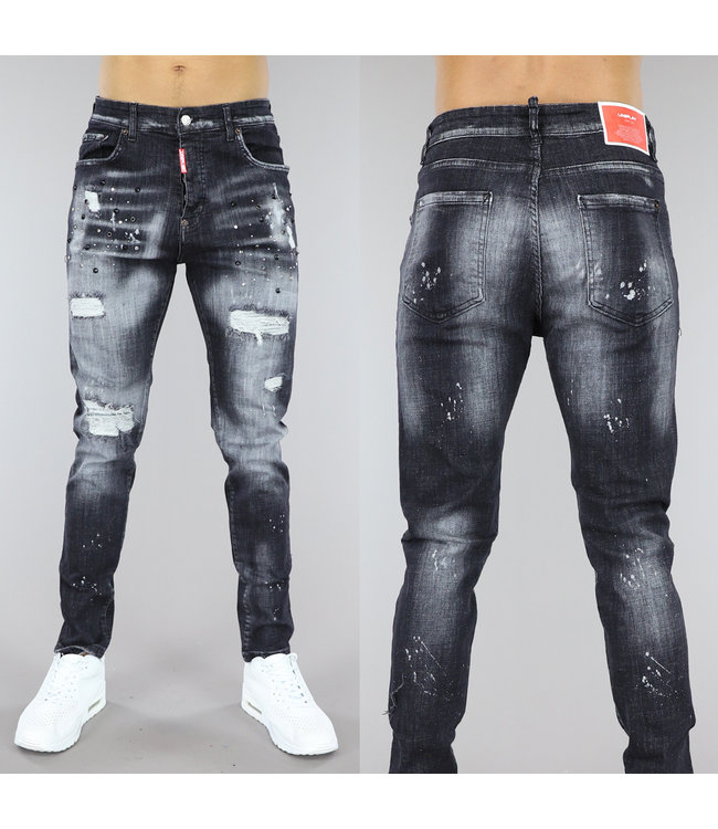 Zwarte Acid Washed Mannen Jeans met Studs - Black-Leo.nl