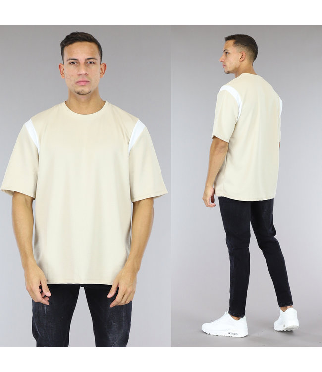 !SALE50 Beige Heren Shirt met Gestreepte Schouders