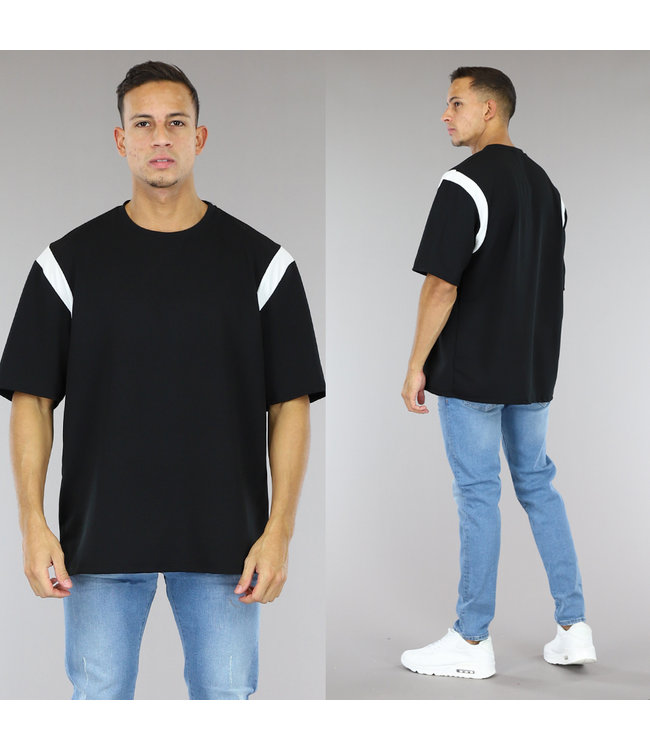 !SALE50 Zwart Heren Shirt met Gestreepte Schouders