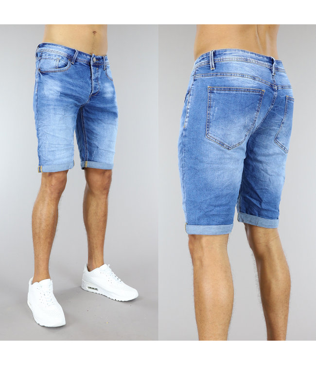 Blauwe Heren Jeans Short met Omgeslagen Pijpen