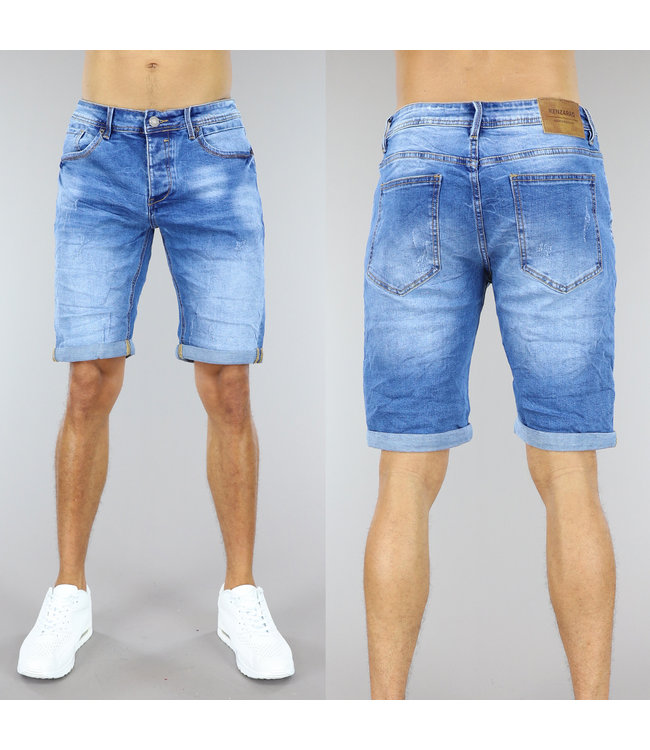 Blauwe Heren Jeans Short met Omgeslagen Pijpen