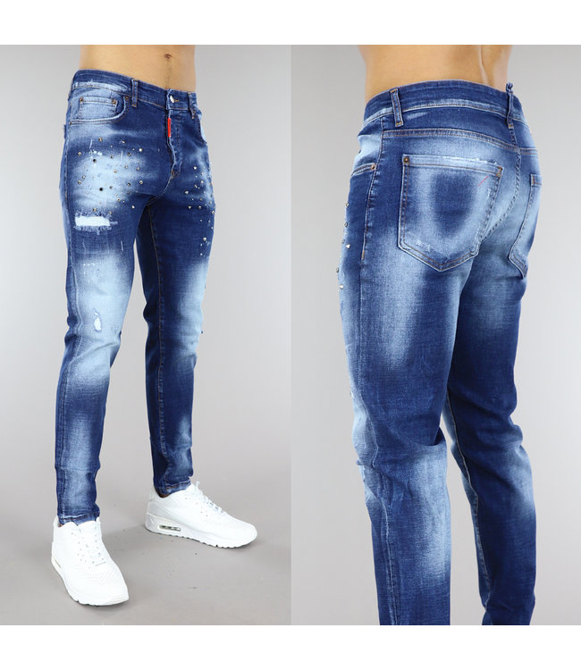 !OP=OP Donkerblauwe Acid Washed Mannen Jeans met Studs