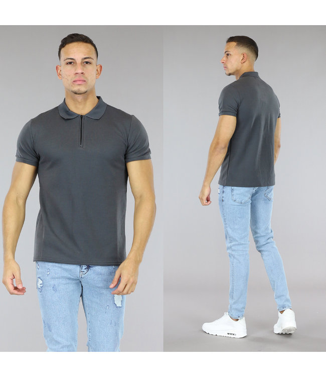 Basic Antraciet Heren Polo met Rits