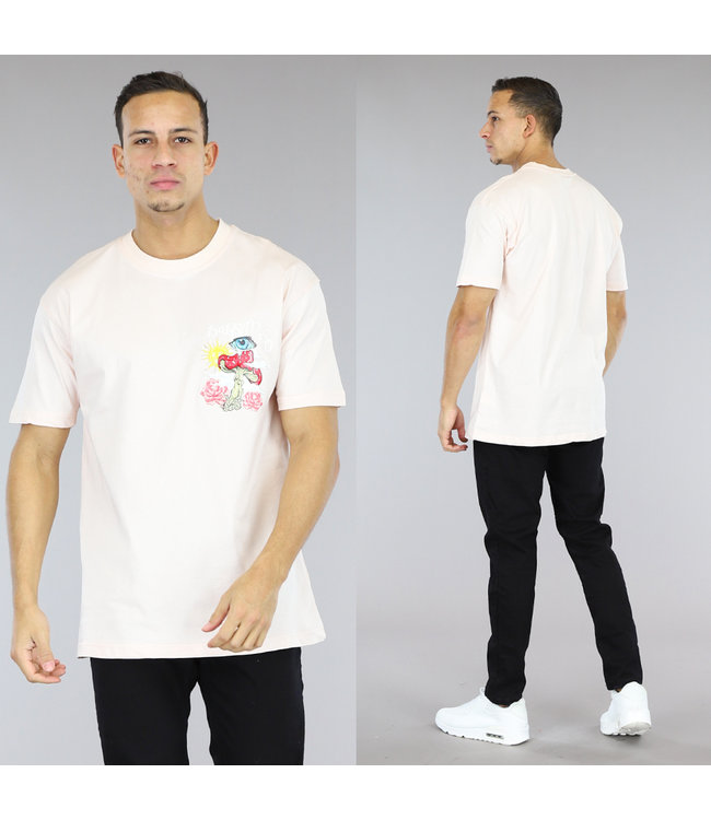 Zalmroze Oversized Heren T-Shirt met "Happy Mind" Opdruk