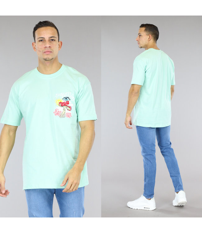 !OP=OP Mint Oversized Heren T-Shirt met "Happy Mind" Opdruk