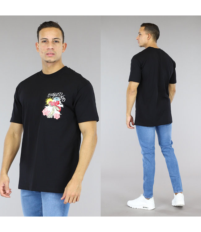 Zwart Oversized Heren T-Shirt met "Happy Mind" Opdruk