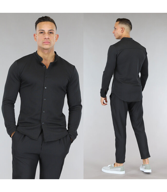 Zwart Ribstof Heren Overhemd Black Leo