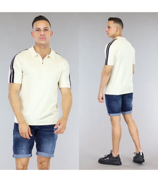 !SALE50 Beige Zachte Heren Polo met Streepdetail