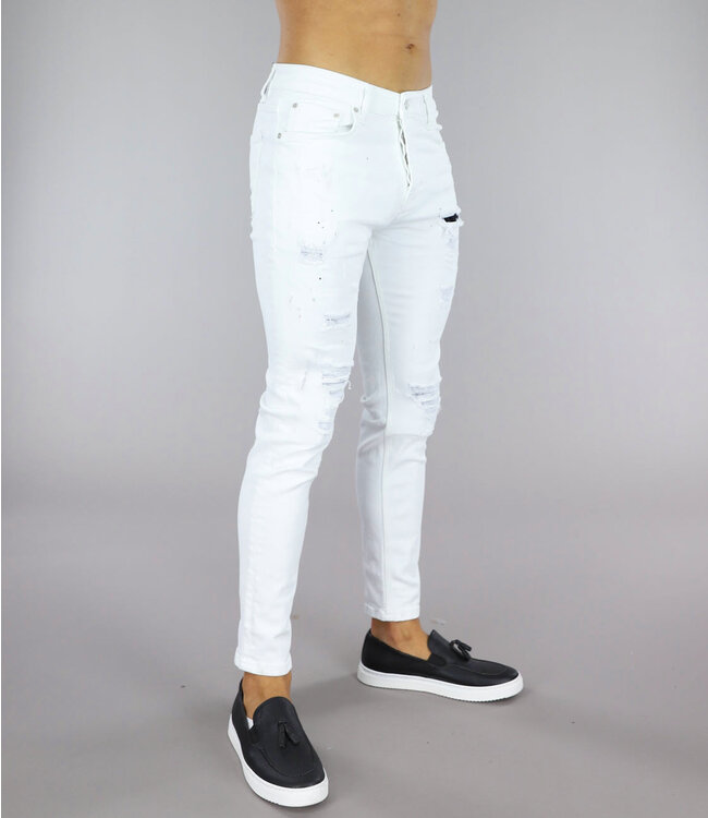 Witte Heren Jeans met Zwarte Verf Spatten