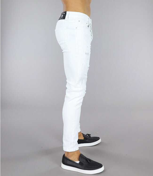 Witte Heren Jeans met Zwarte Verf Spatten