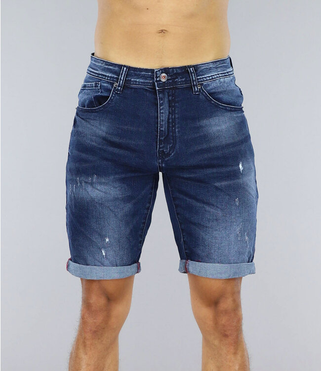 Donkerblauwe Heren Jeans Short met Kleine Gaten