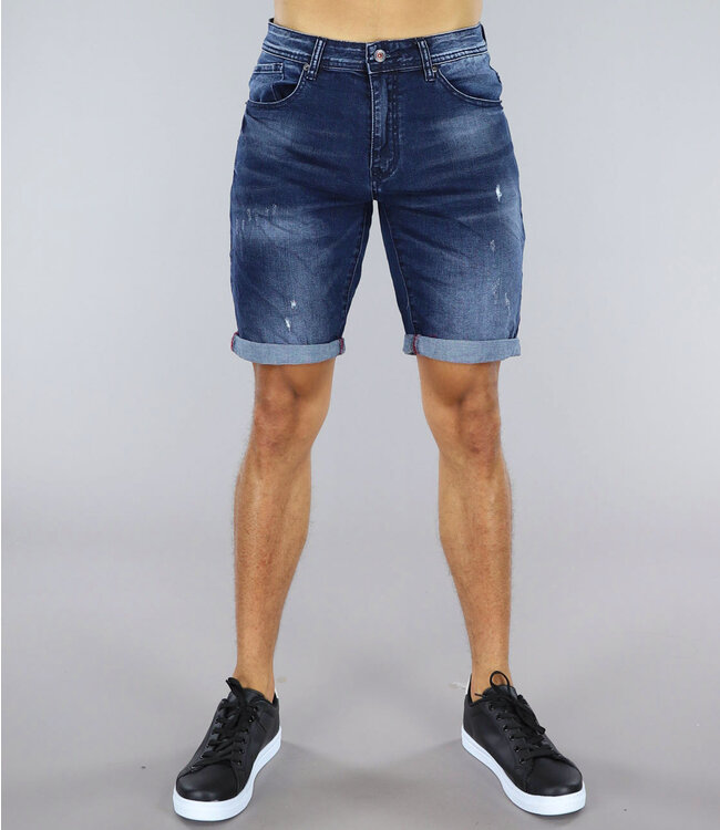 Donkerblauwe Heren Jeans Short met Kleine Gaten