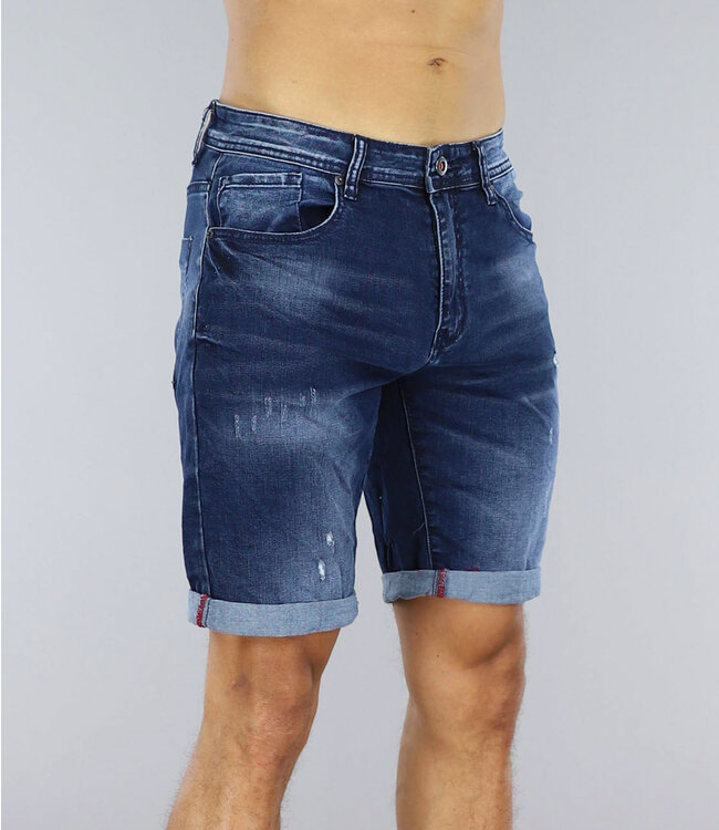 Donkerblauwe Heren Jeans Short met Kleine Gaten