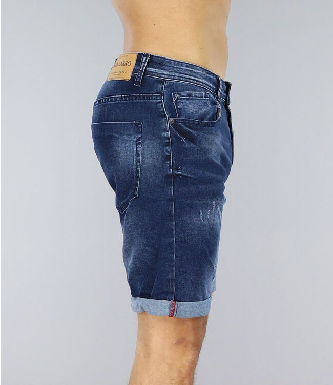 Donkerblauwe Heren Jeans Short met Kleine Gaten