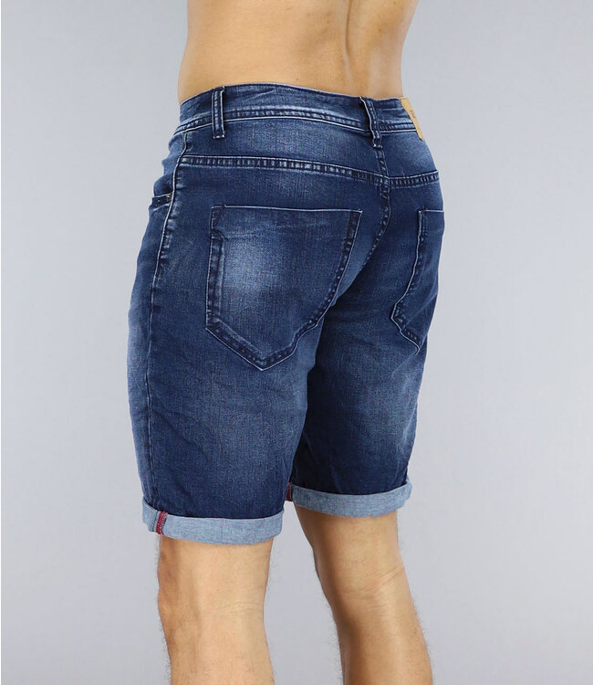 Donkerblauwe Heren Jeans Short met Kleine Gaten