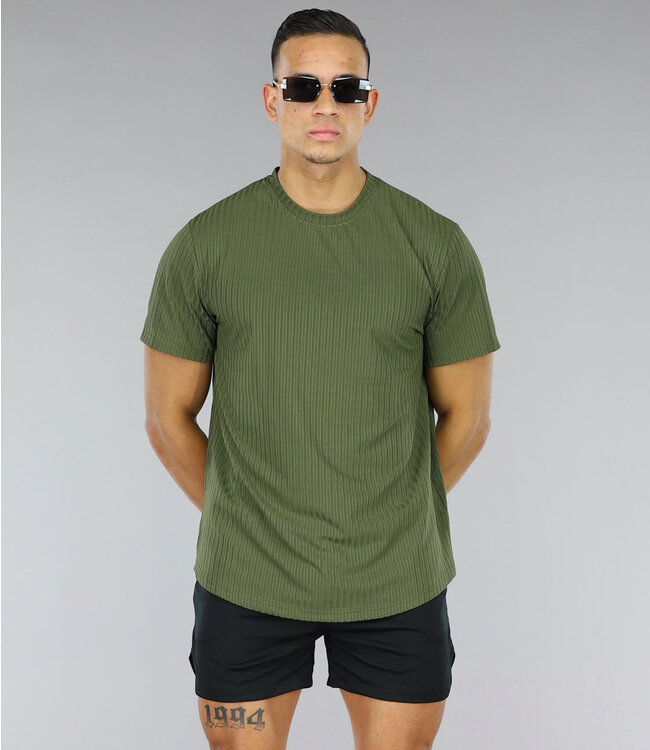 Luchtig Khaki Heren T-Shirt met Grove Rib