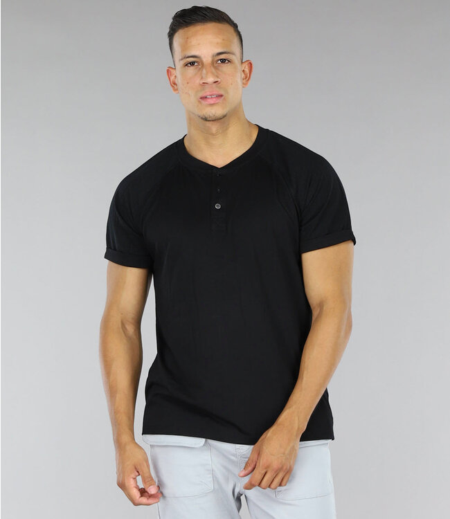 Luchtig Heren T-Shirt met Knoopjes en Ribstof Mouwen