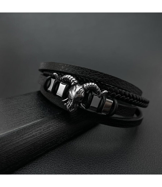 Zwarte Stainless Heren Armband met Stier Bedel