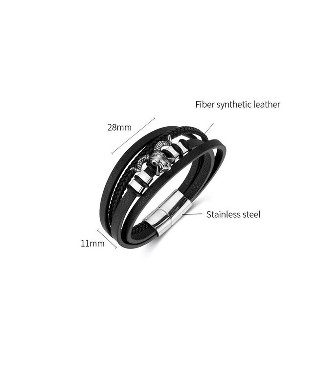 Zwarte Stainless Heren Armband met Stier Bedel