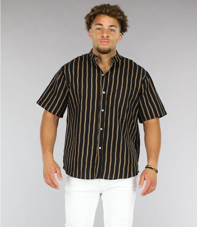 Zwarte Heren Blouse met Bruine Strepen