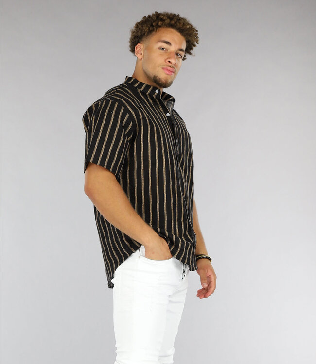 Zwarte Heren Blouse met Bruine Strepen