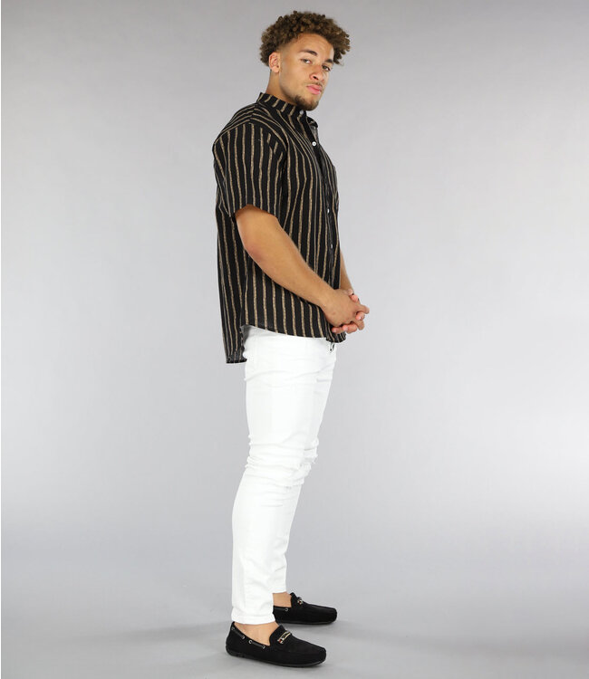 Zwarte Heren Blouse met Bruine Strepen