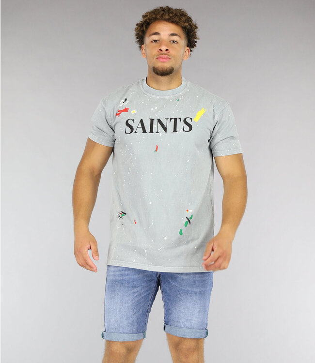!OP=OP Lichtgrijs "Saints" Heren T-Shirt met Verfvlekken