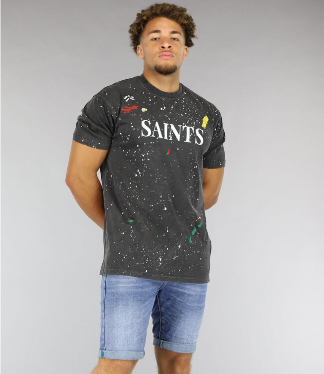 Antraciet "Saints" Heren T-Shirt met Verfvlekken