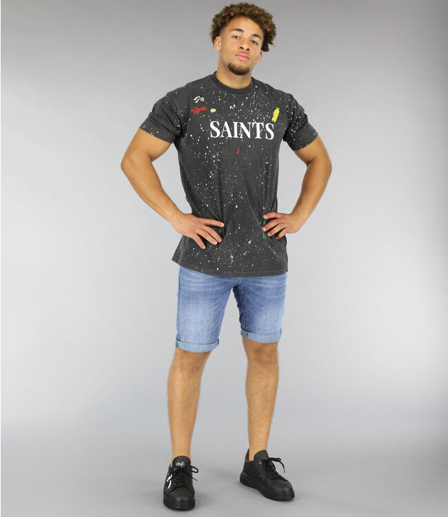 Antraciet "Saints" Heren T-Shirt met Verfvlekken