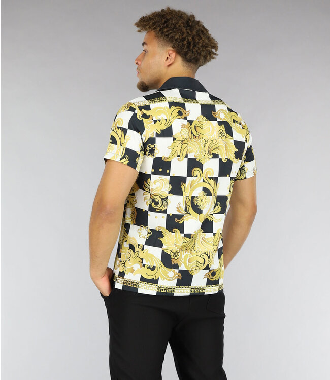 !SALE50 Geblokte Heren Blouse met Gouden Print