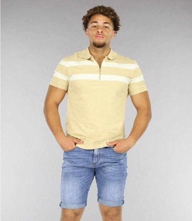 Beige Heren Polo met Witte Strepen